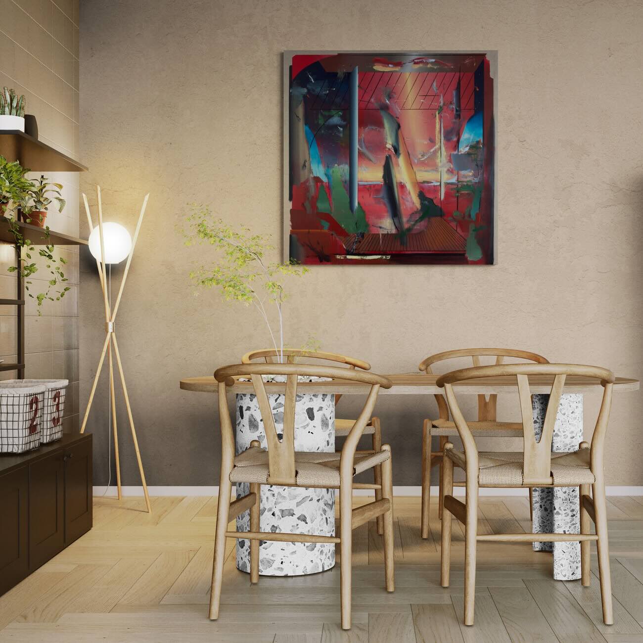 Peter Cvik, What Is Your Reality? painting on wall behind dining table